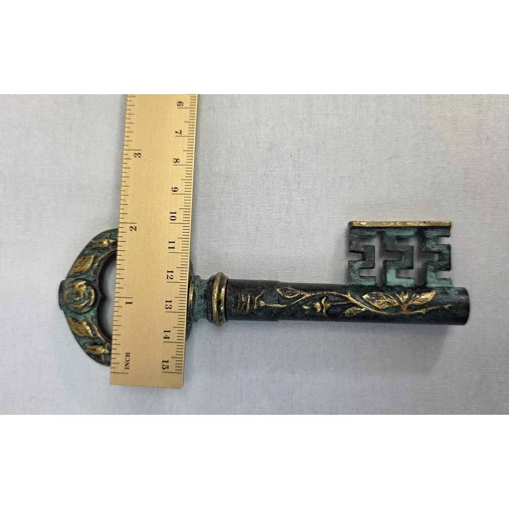 Vintage Skeleton Key Corkscrew Bottle Opener Verdigris Rose Embossed Bar Tool